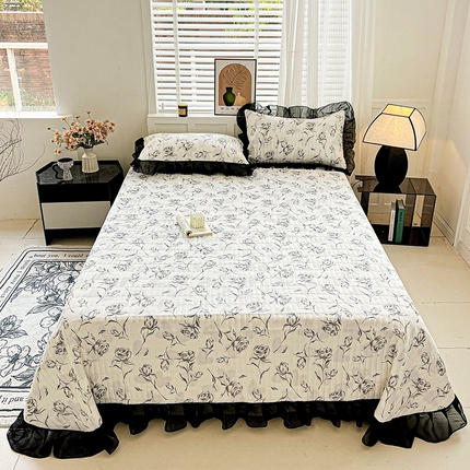 艾橙家纺2025新款法式赫本风水洗棉印花雪纺花边单床盖 水墨玫瑰