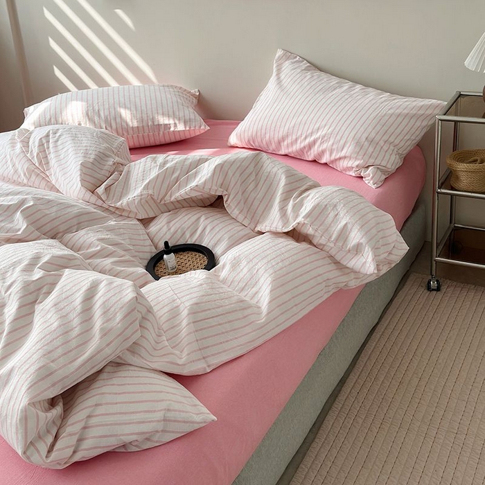 91家纺网 家纺一手货源 找家纺 水洗的故事 2025新款全棉色织水洗棉四件套 简序-粉