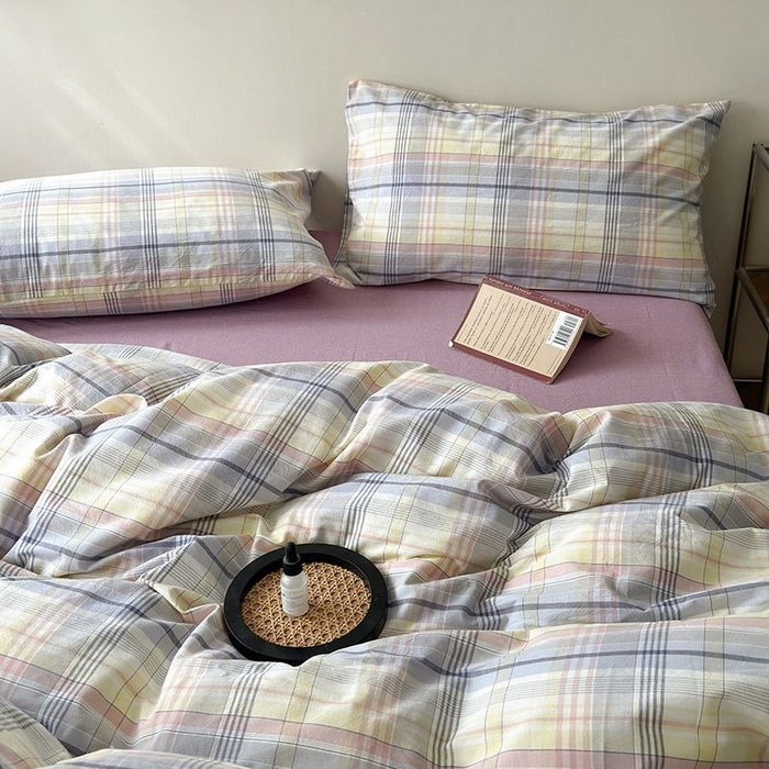 91家纺网 家纺一手货源 找家纺 水洗的故事 2025新款全棉色织水洗棉四件套 紫韵粉格