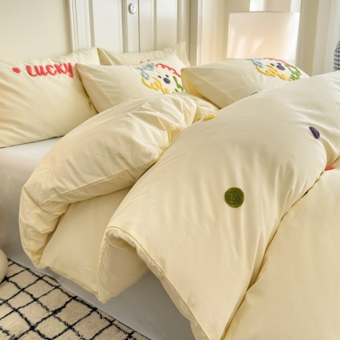 91家纺网 家纺一手货源 找家纺 锦觅2025新款奶油小清新毛巾绣全棉纯棉四件套（专版花型必须控价） 彩虹波点