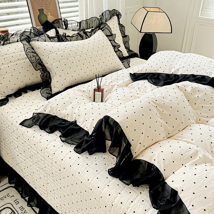 91家纺网 家纺一手货源 找家纺 艾橙 2025新款法式赫本风水洗棉印花雪纺花边单被套 点点爱