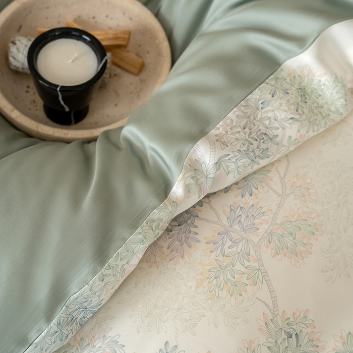 91家纺网 家纺一手货源 找家纺 咏绒家纺工厂店 2025新款60S奥地利兰精天丝数码印花暗合简约款系列四件套 如愿-绿