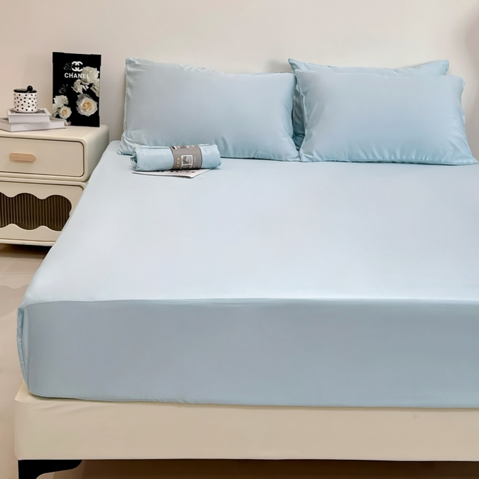 91家纺网 家纺一手货源 找家纺 兜米家居 2025新款床笠A类水洗真丝床笠三件套 冰蓝