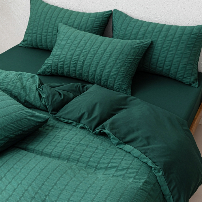 91家纺网 家纺一手货源 找家纺 恩和家纺 2025新款条纹立体泡泡纱亲肤棉四件套 墨绿