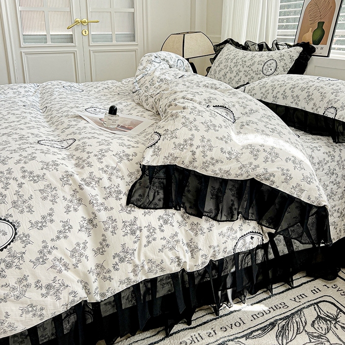 91家纺网 家纺一手货源 找家纺 艾橙 2025新款法式赫本风水洗棉印花雪纺花边单被套 澜音花香