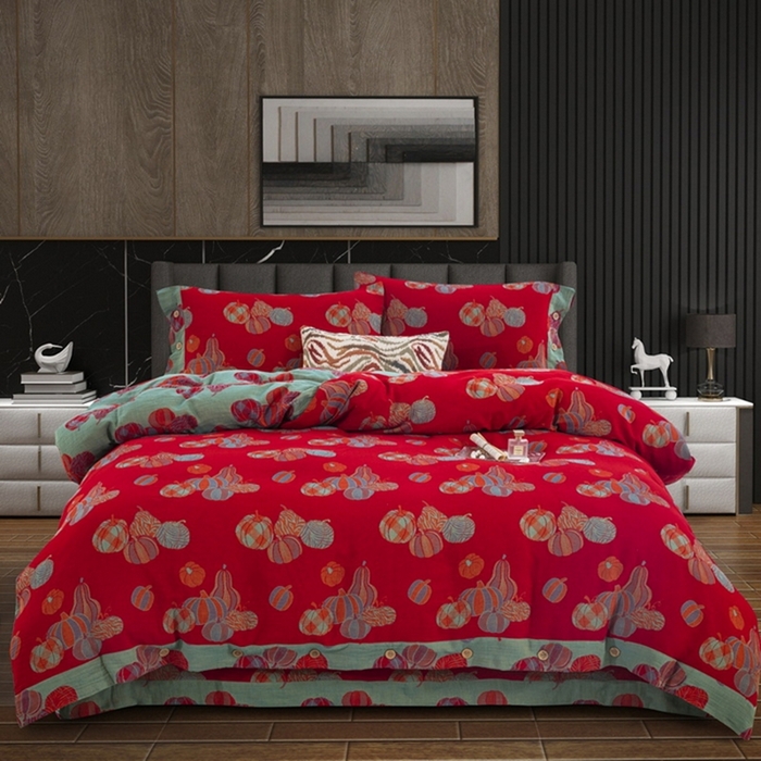 91家纺网 家纺一手货源 找家纺 鲁爱 2025新款全棉色织双层纱纽扣款四件套 子孙满堂-红