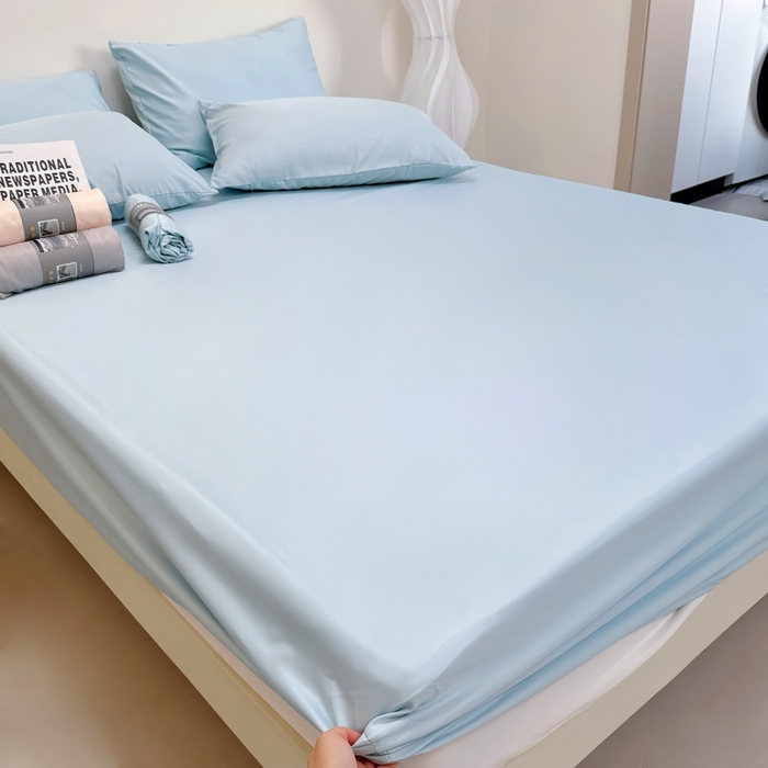 91家纺网 家纺一手货源 找家纺 兜米家居 2025新款床笠A类水洗真丝床笠三件套 冰蓝