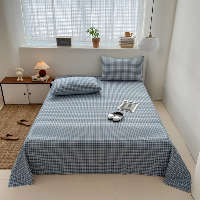 91家纺网 家纺一手货源 找家纺 2025新款水洗棉单床单 简约格蓝