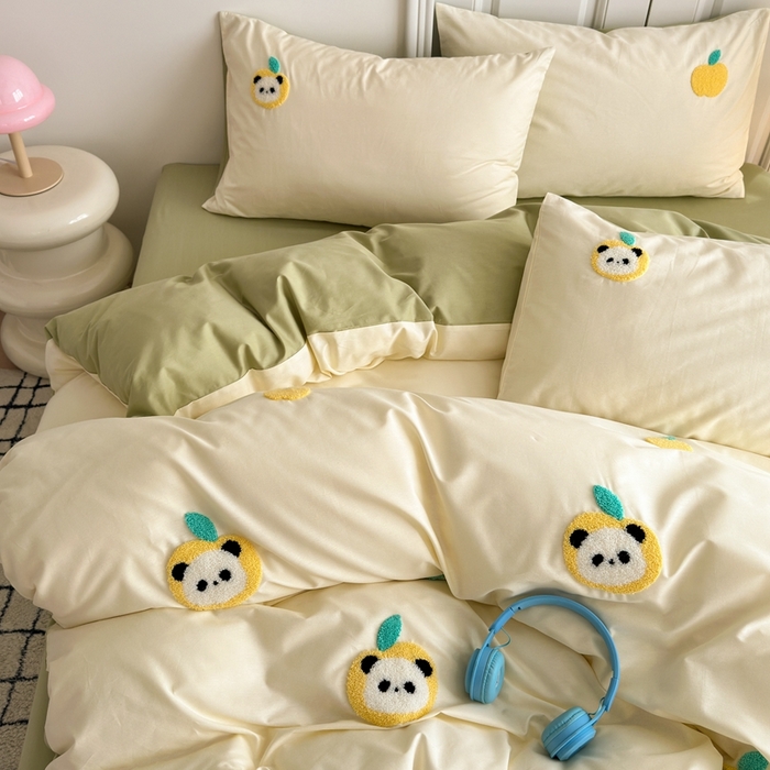 91家纺网 家纺一手货源 找家纺 锦觅2025新款奶油小清新毛巾绣全棉纯棉四件套（专版花型必须控价） 苹果熊猫