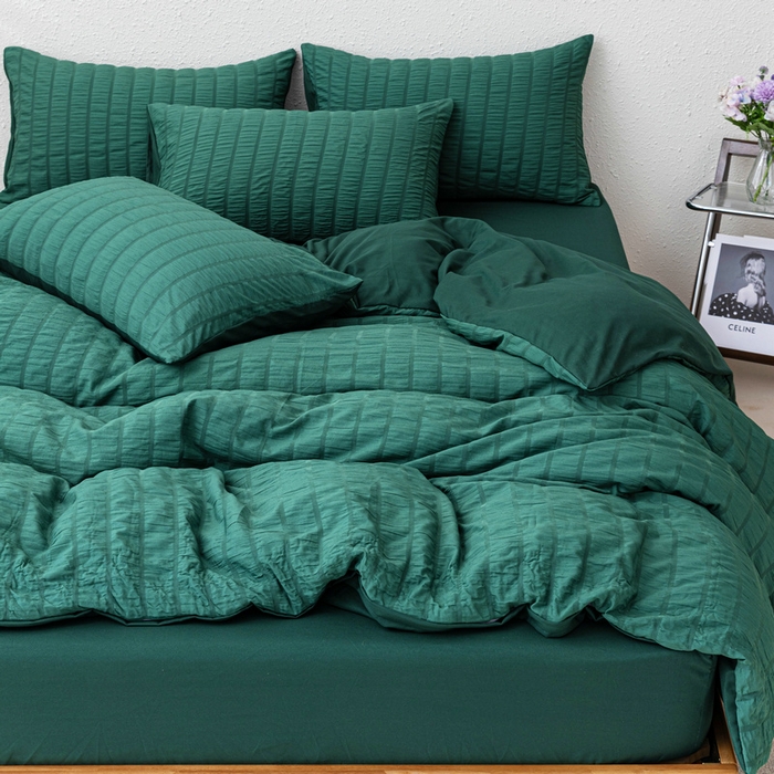 91家纺网 家纺一手货源 找家纺 恩和家纺 2025新款条纹立体泡泡纱亲肤棉四件套 墨绿
