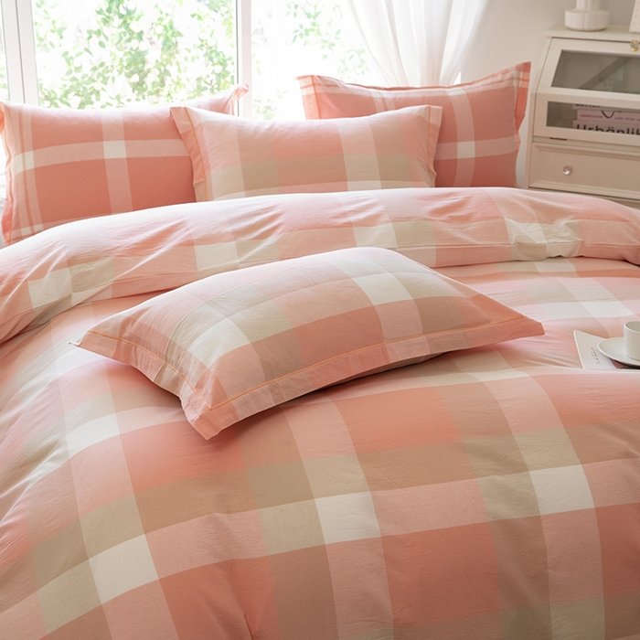 91家纺网 家纺一手货源 找家纺 木易家居 2025新款全棉色织水洗棉四件套 米夕玉大格