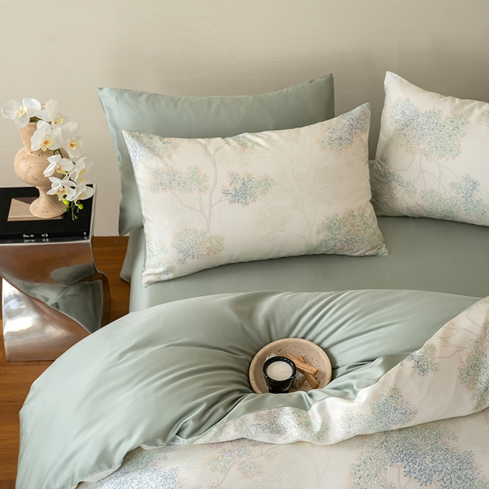 91家纺网 家纺一手货源 找家纺 咏绒家纺工厂店 2025新款60S奥地利兰精天丝数码印花暗合简约款系列四件套 如愿-绿