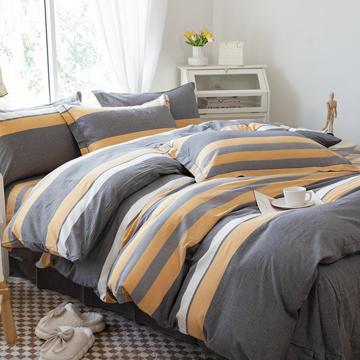 91家纺网 家纺一手货源 找家纺 木易家居 2025新款全棉色织水洗棉四件套 爱情黄