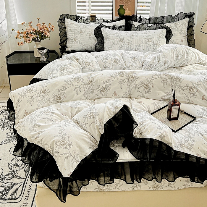 91家纺网 家纺一手货源 找家纺 艾橙家纺2025新款法式赫本风水洗棉印花雪纺花边单床笠 素馨花恋