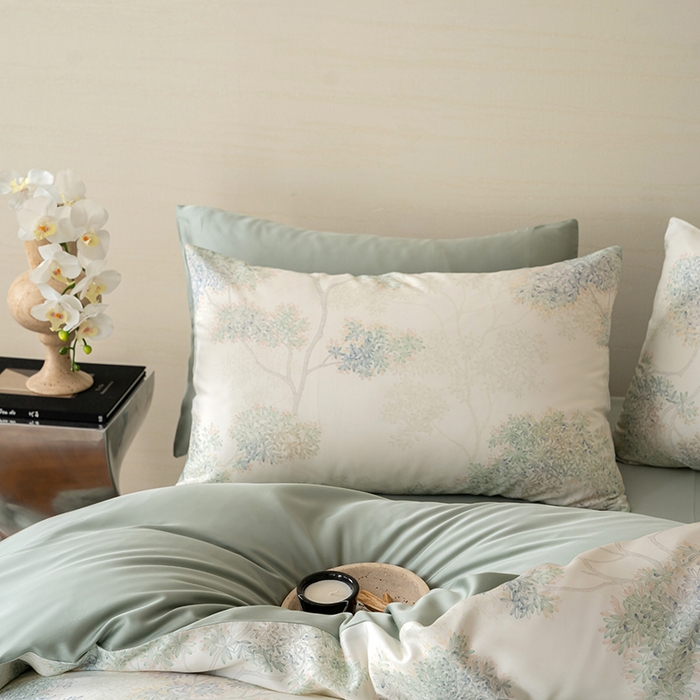 91家纺网 家纺一手货源 找家纺 咏绒家纺工厂店 2025新款60S奥地利兰精天丝数码印花暗合简约款系列四件套 如愿-绿