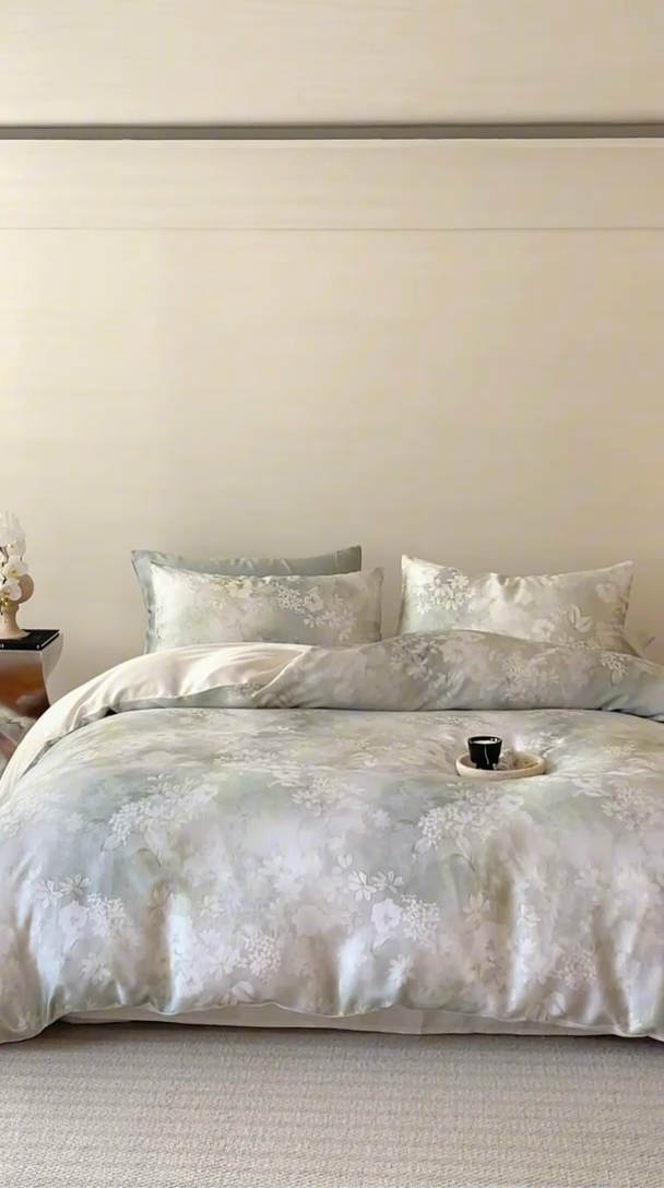 91家纺网 家纺一手货源 找家纺 咏绒家纺工厂店 2025新款60S奥地利兰精天丝数码印花暗合简约款系列四件套 知槿-绿