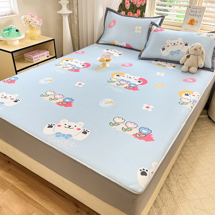 91家纺网 家纺一手货源 找家纺 518家纺 2025新款亲肤舒适A类碳光冰丝抗菌凉席【提供买家秀】席子【提供买家秀】-平铺款 花朵小熊