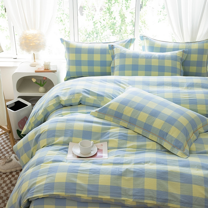 91家纺网 家纺一手货源 找家纺 木易家居 2025新款全棉色织水洗棉四件套 兰黄大格