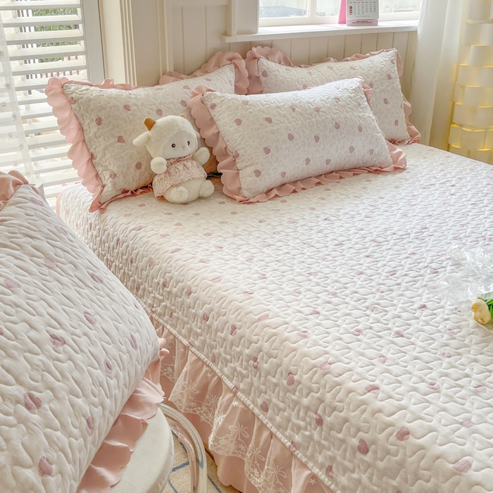 91家纺网 家纺一手货源 找家纺 雅眠居 2025新款直播针织棉双层纱夏被床盖四件套空调夏凉被单件三件套 爱心粉