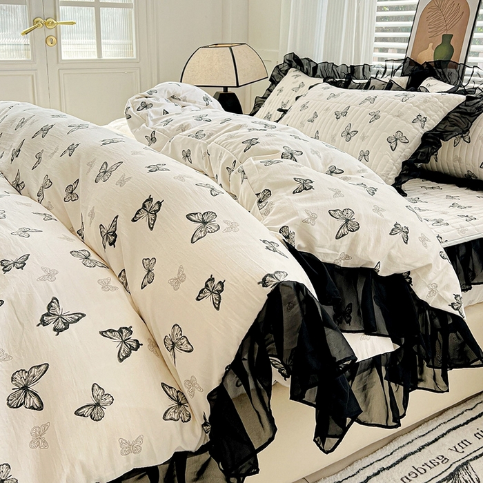 91家纺网 家纺一手货源 找家纺 （总）艾橙家纺2025新款法式赫本风水洗棉印花雪纺花边单床笠