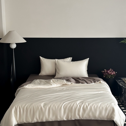 91家纺网 家纺一手货源 找家纺  禾时 2025新款60支兰精天丝轻奢纯色双拼四件套 乳蛋白-冷岩灰