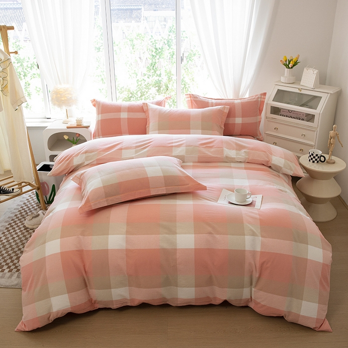 91家纺网 家纺一手货源 找家纺 木易家居 2025新款全棉色织水洗棉四件套 米夕玉大格