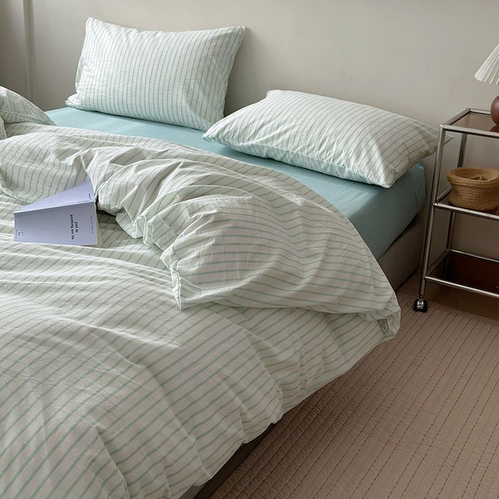 91家纺网 家纺一手货源 找家纺 水洗的故事 2025新款全棉色织水洗棉四件套 简序-蓝