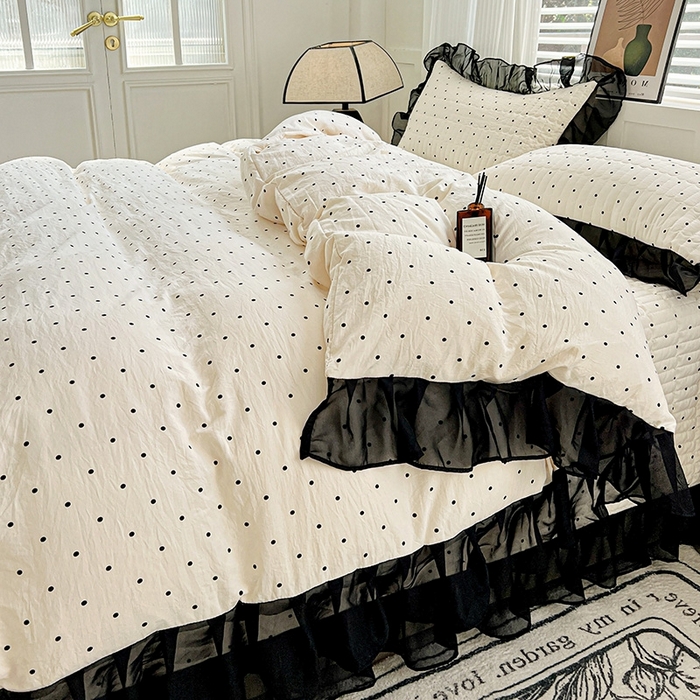 91家纺网 家纺一手货源 找家纺 艾橙 2025新款法式赫本风水洗棉印花雪纺花边单被套 点点爱