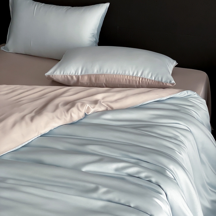 91家纺网 家纺一手货源 找家纺  禾时 2025新款60支兰精天丝轻奢纯色双拼四件套 映霜蓝-霜华银