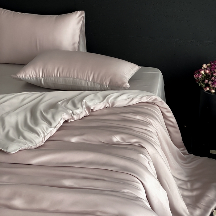 91家纺网 家纺一手货源 找家纺 禾时 2025新款60支兰精天丝轻奢纯色双拼四件套 夜影凝香-霜华银