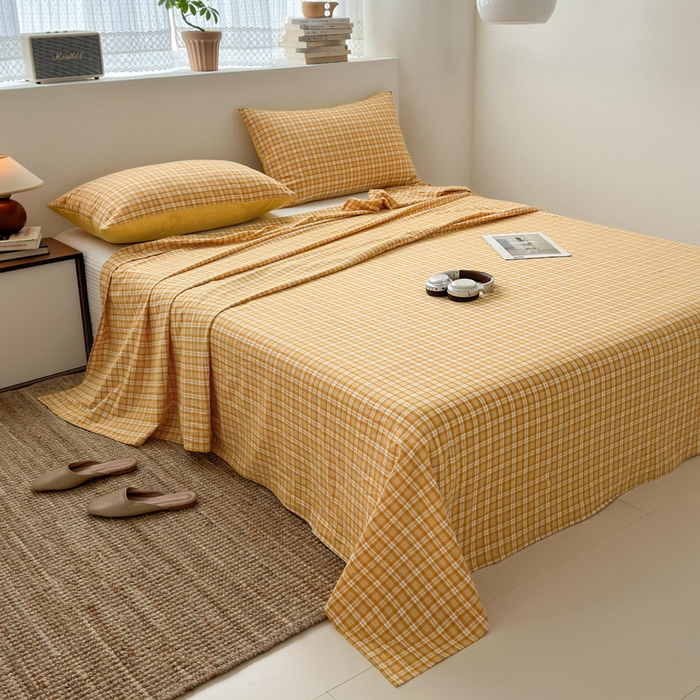 91家纺网 家纺一手货源 找家纺 2025新款水洗棉单床单 简约格黄