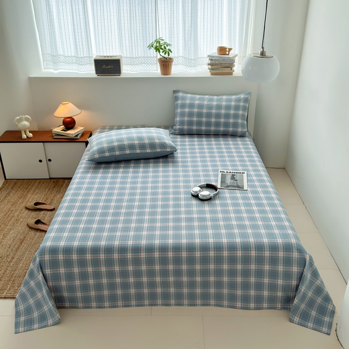 91家纺网 家纺一手货源 找家纺 2025新款水洗棉单床单 柔光格蓝