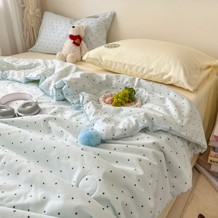 91家纺网 家纺一手货源 找家纺 桃心家居 2025新款A类ins云柔水洗棉大豆织标蝴蝶结毛球少女单夏被夏被四件套系列 薄荷布丁