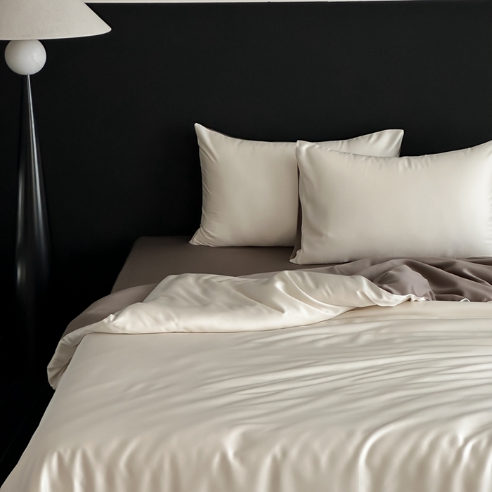 91家纺网 家纺一手货源 找家纺  禾时 2025新款60支兰精天丝轻奢纯色双拼四件套 乳蛋白-冷岩灰