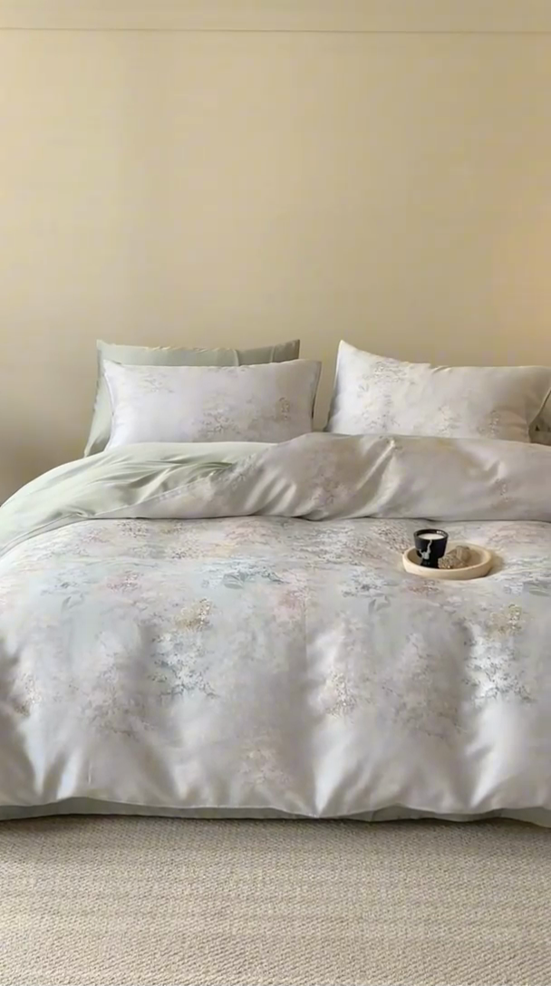 91家纺网 家纺一手货源 找家纺 咏绒家纺工厂店 2025新款60S奥地利兰精天丝数码印花暗合简约款系列四件套 栖舟-绿