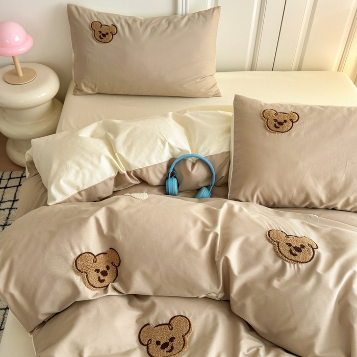 91家纺网 家纺一手货源 找家纺 锦觅2025新款奶油小清新毛巾绣全棉纯棉四件套（专版花型必须控价） 萌趣小熊