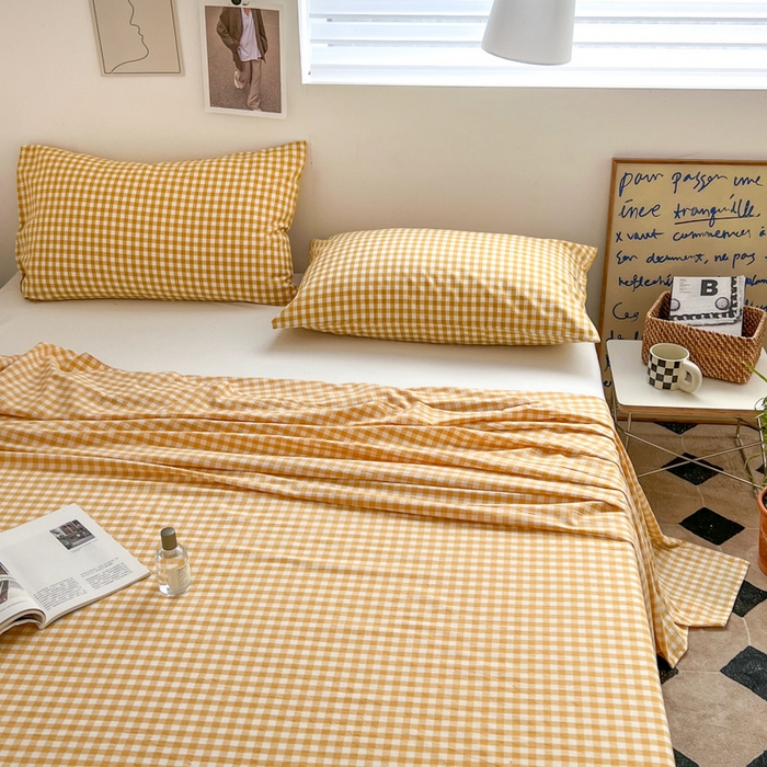 91家纺网 家纺一手货源 找家纺 2025新款水洗棉单床单 淡黄小格