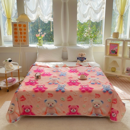 2025新款凉感丝有氨数码印花夏被被子被芯 粉色毛线熊