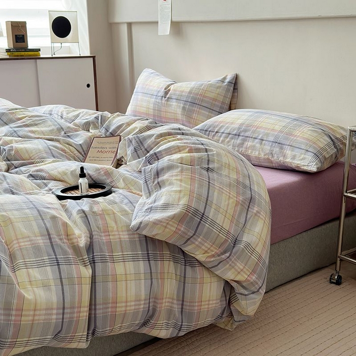 91家纺网 家纺一手货源 找家纺 水洗的故事 2025新款全棉色织水洗棉四件套 紫韵粉格