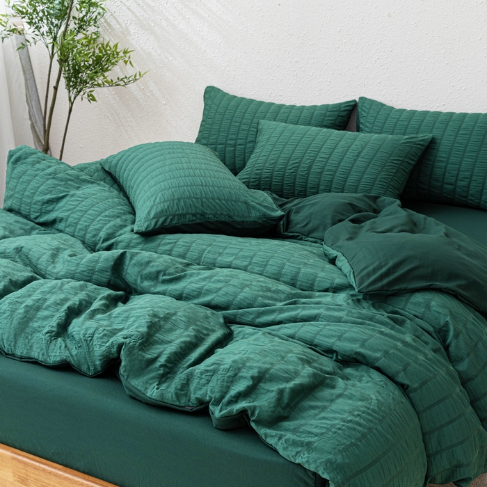 91家纺网 家纺一手货源 找家纺 恩和家纺 2025新款条纹立体泡泡纱亲肤棉四件套 墨绿