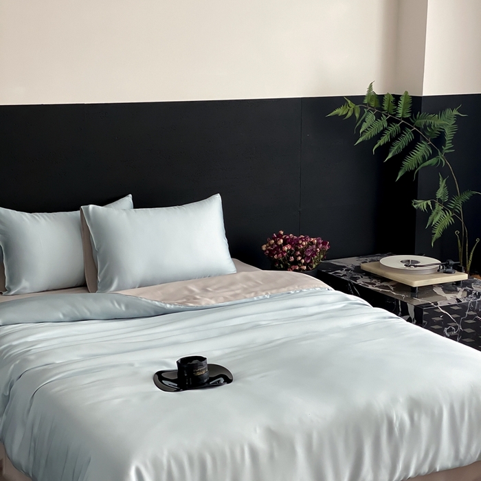 91家纺网 家纺一手货源 找家纺  禾时 2025新款60支兰精天丝轻奢纯色双拼四件套 映霜蓝-霜华银