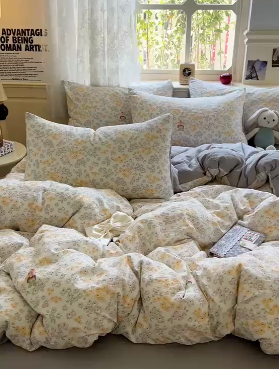 91家纺网 家纺一手货源 找家纺 一比一 2025新款云感皱皱双层纱四件套 妮可