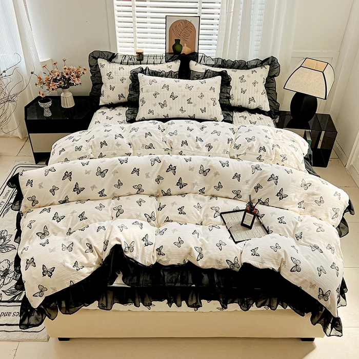 91家纺网 家纺一手货源 找家纺 艾橙家纺2025新款法式赫本风水洗棉印花雪纺花边单床笠 蝴蝶印记