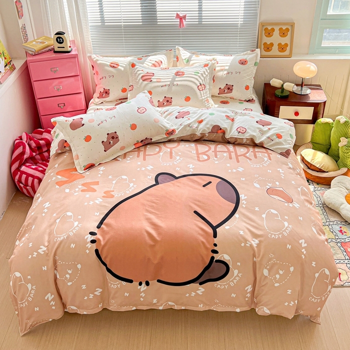 91家纺网 家纺一手货源 找家纺 KT猫直营店 2025新款加厚斜纹磨毛大版四件套 南瓜卡皮巴拉