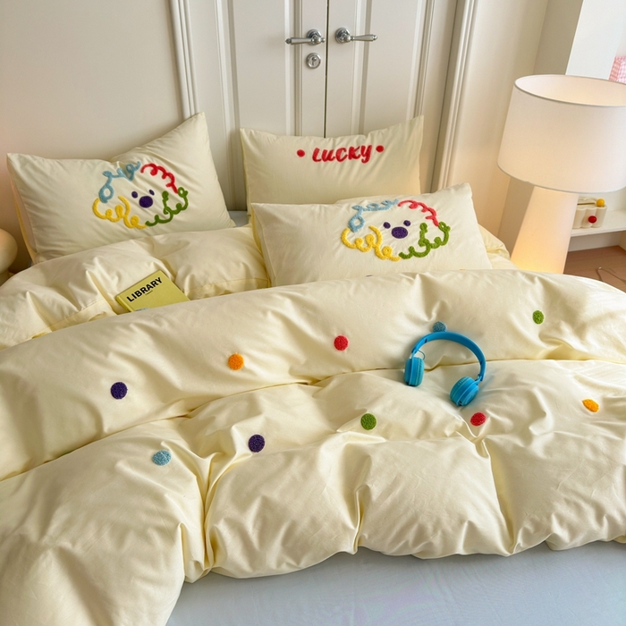 91家纺网 家纺一手货源 找家纺 锦觅2025新款奶油小清新毛巾绣全棉纯棉四件套（专版花型必须控价） 彩虹波点