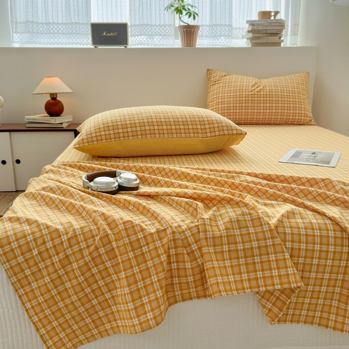 91家纺网 家纺一手货源 找家纺 2025新款水洗棉单床单 简约格黄