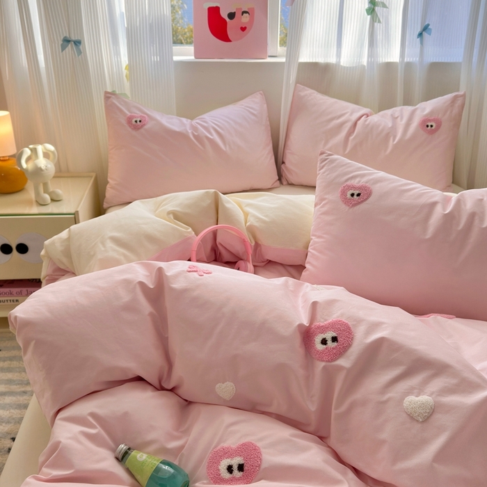 91家纺网 家纺一手货源 找家纺 锦觅2025新款奶油小清新毛巾绣全棉纯棉四件套（专版花型必须控价） 大眼爱心