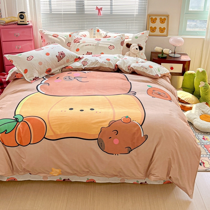 91家纺网 家纺一手货源 找家纺 KT猫直营店 2025新款加厚斜纹磨毛大版四件套 南瓜卡皮巴拉