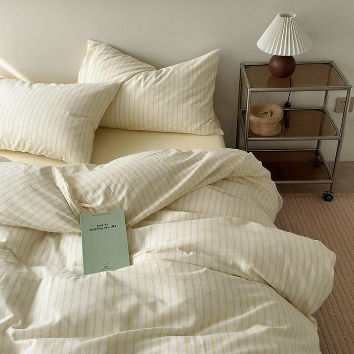 91家纺网 家纺一手货源 找家纺 水洗的故事 2025新款全棉色织水洗棉四件套 简序-米黄