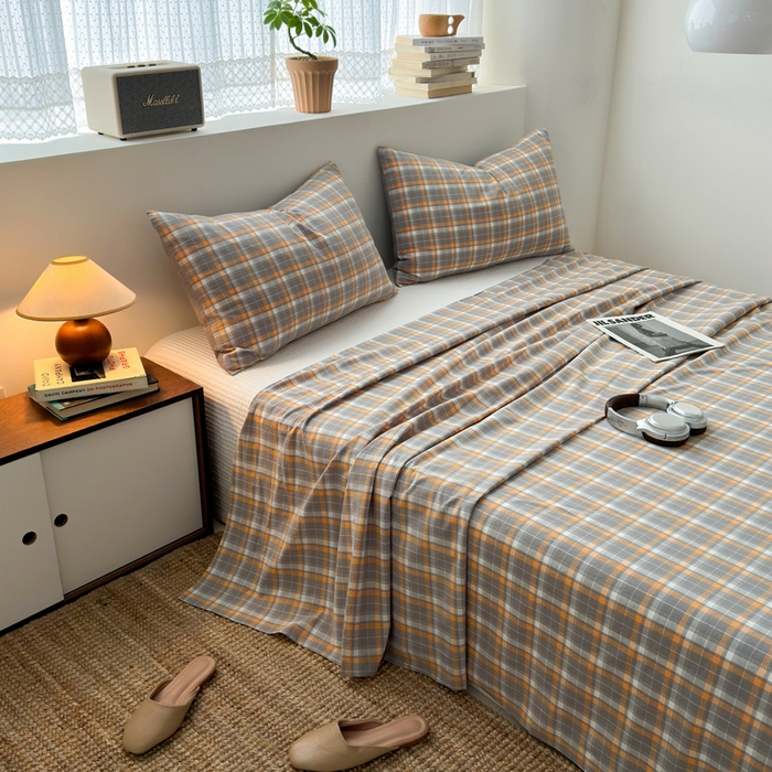 91家纺网 家纺一手货源 找家纺 2025新款水洗棉单床单 映像格灰